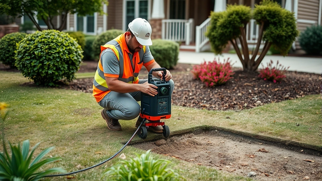 Professional utility locator technician using ground-penetrating radar equipment on residential property to detect and mark underground gas and utility lines before excavation work begins