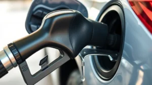 Close-up of gasoline pump nozzle dispensing fuel into modern sedan's fuel tank opening, showing clear liquid fuel stream, photorealistic detail, natural daylight, environmental focus on fuel consumption