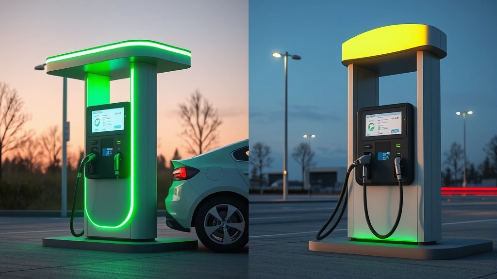 Split-screen comparison of electric vehicle charging station glowing with green energy versus traditional gas pump, showing sustainable transportation alternatives, photorealistic modern infrastructure, eco-conscious design