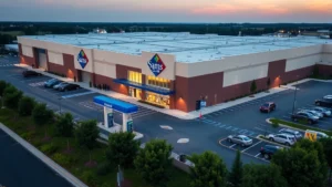Aerial view of a Sam's Club warehouse building with gas pumps visible in the foreground, surrounded by parked vehicles and green landscaping, daytime lighting showing the modern warehouse architecture