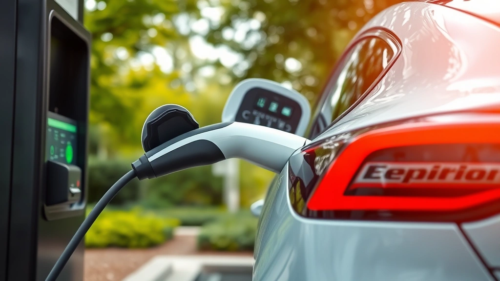 Close-up of a modern electric vehicle charging at a public charging station with trees and sustainable green environment in background, emphasizing clean energy alternative to gasoline