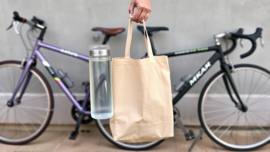 Hands holding a reusable water bottle and eco-friendly shopping bag with bicycles leaning against a wall in background, representing sustainable lifestyle choices and transportation alternatives