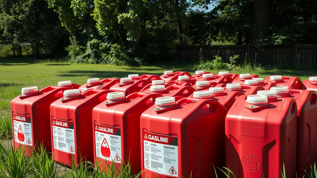 Close-up of properly sealed red metal gasoline storage cans arranged outdoors in shade, with clear warning labels visible, surrounded by green grass and trees, professional hazardous material storage setup