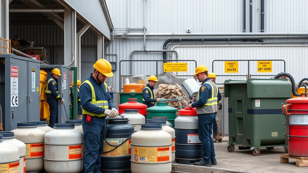 Hazardous waste collection facility with uniformed workers safely handling fuel containers using specialized equipment, industrial safety protocols visible, clean organized disposal area with environmental protection measures