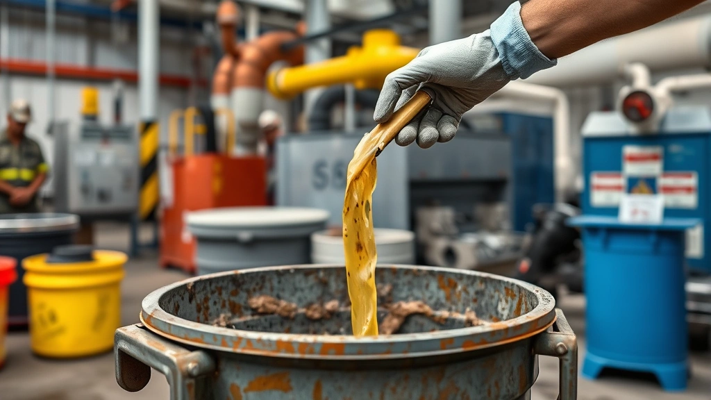 Hands wearing protective gloves carefully transferring old degraded gasoline into certified disposal container at an environmental facility, safety equipment and proper ventilation systems visible in background
