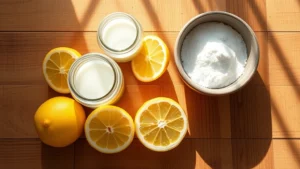 Overhead shot of fresh lemon halves, coconut oil in glass jar, and baking soda in ceramic bowl arranged on wooden surface with morning sunlight streaming across, photorealistic natural lighting, no text or labels visible