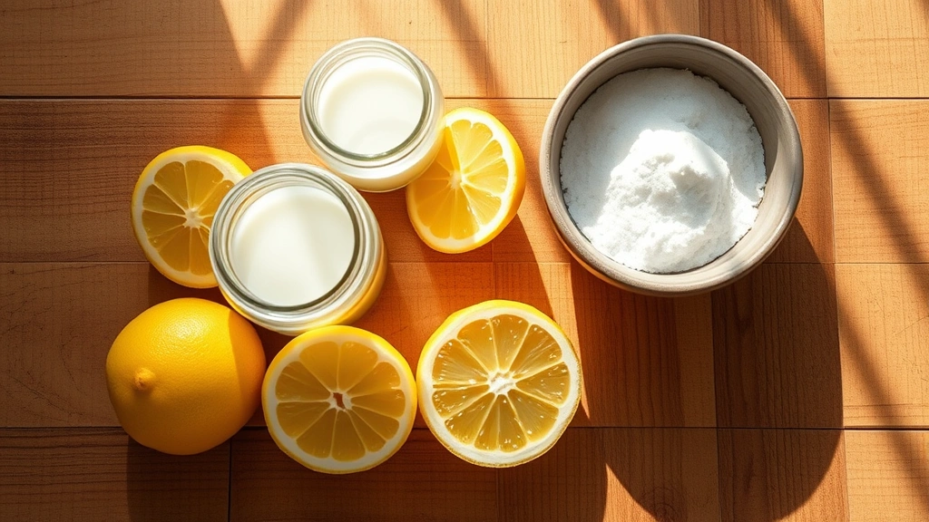 Overhead shot of fresh lemon halves, coconut oil in glass jar, and baking soda in ceramic bowl arranged on wooden surface with morning sunlight streaming across, photorealistic natural lighting, no text or labels visible