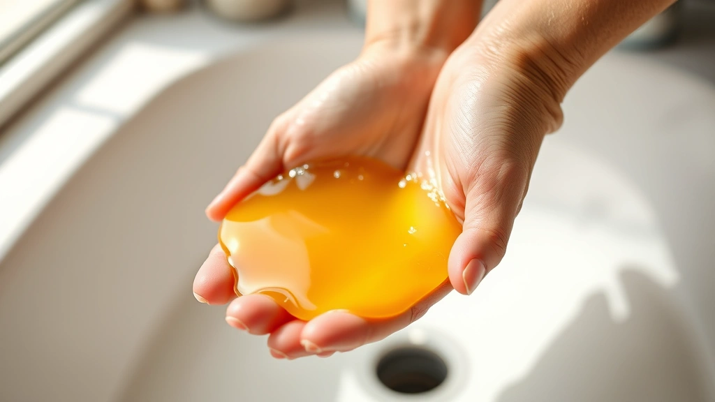 Close-up of hands being massaged with golden coconut oil, water droplets visible, clean bathroom sink background blurred, natural daylight from window, serene wellness aesthetic, no labels or text