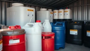 Close-up of proper fuel storage containers labeled and organized in a cool, ventilated shed with clear labeling and safety compliance