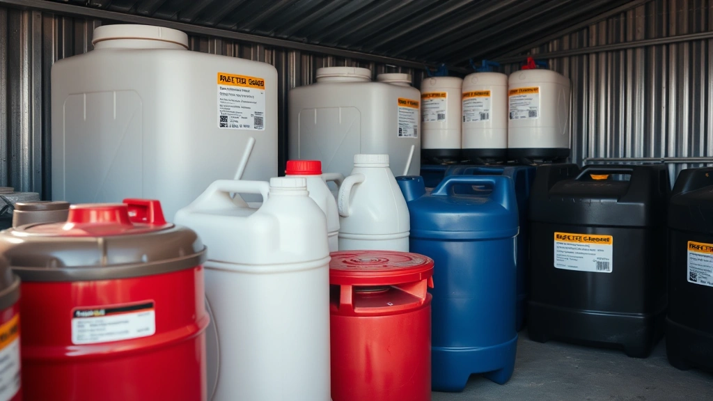 Close-up of proper fuel storage containers labeled and organized in a cool, ventilated shed with clear labeling and safety compliance