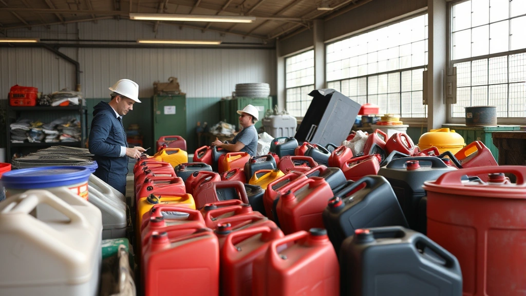 Hazardous waste collection facility with trained staff accepting and processing old gasoline containers from residents in an organized, eco-conscious manner