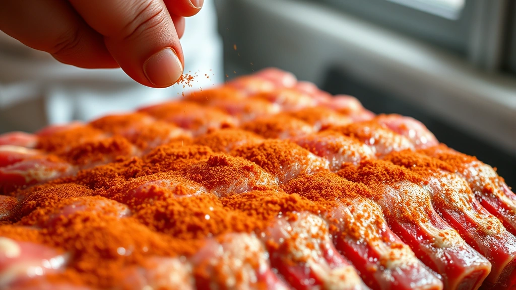 Close-up of raw pork ribs with paprika and spice rub being applied by chef's hands, natural lighting from window, emphasizing texture and seasoning detail