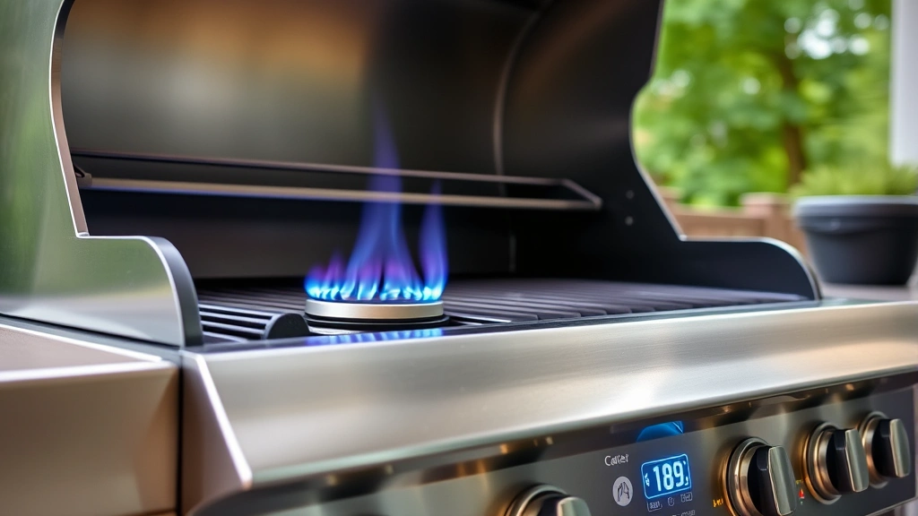 Modern stainless steel gas grill with one burner lit showing blue flame, grill thermometer visible, outdoor backyard setting with trees in background