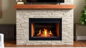 Modern sealed-combustion gas fireplace unit with electronic controls installed in contemporary living room with stone surround, showing flame detail and ventilation system