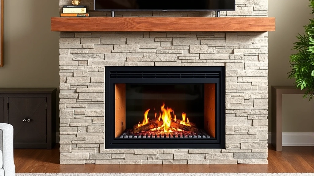 Modern sealed-combustion gas fireplace unit with electronic controls installed in contemporary living room with stone surround, showing flame detail and ventilation system