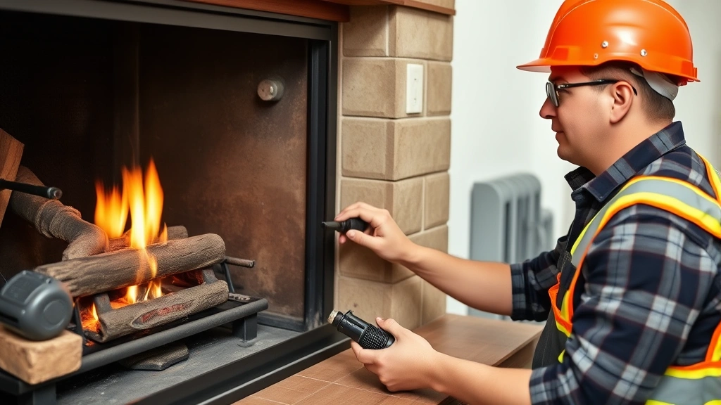 Professional HVAC technician performing annual maintenance inspection on gas fireplace burner assembly, wearing safety gear, checking combustion efficiency