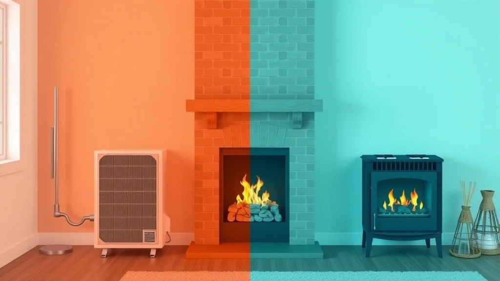 Split-screen comparison showing efficient heat pump system on left side and traditional gas fireplace on right, illustrating modern sustainable heating alternatives