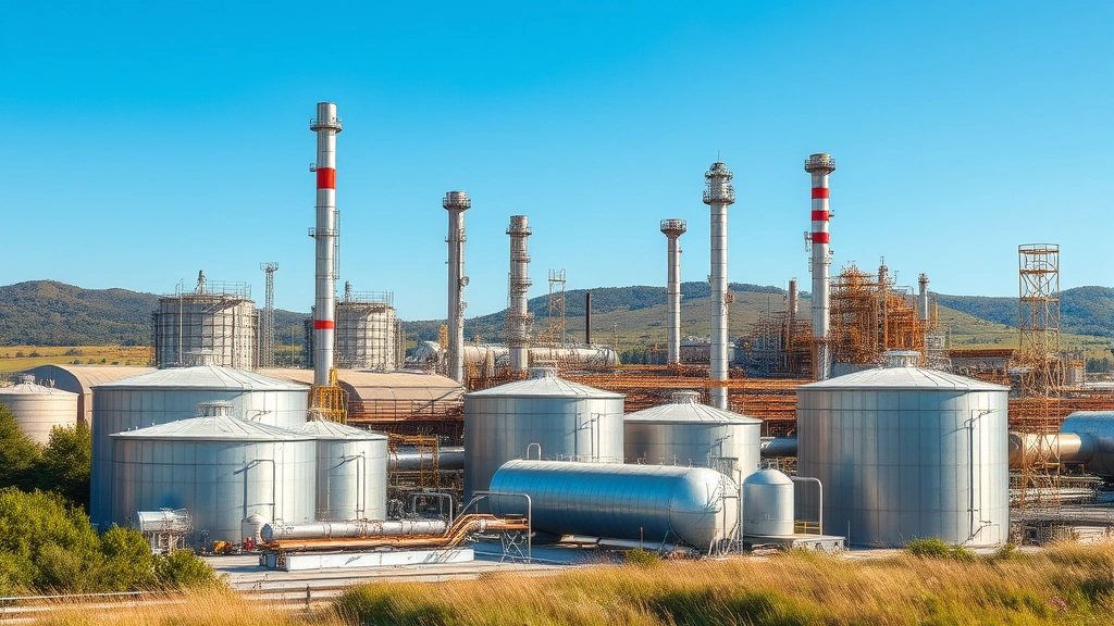 Industrial refinery facility with metal tanks and pipes in natural landscape, blue sky, sustainable industrial infrastructure, photorealistic