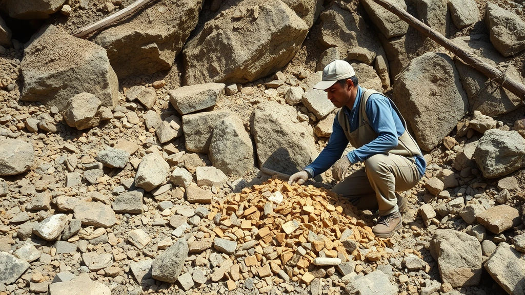 Worker collecting raw materials from natural deposits in rocky terrain, efficient resource gathering operation, natural lighting, no text
