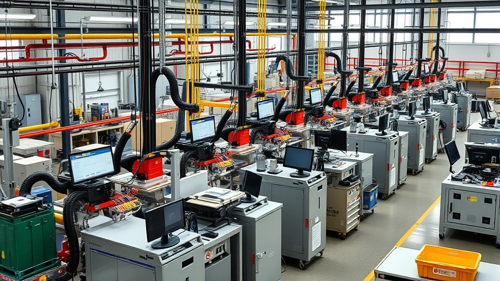 Multiple production stations operating simultaneously in organized facility, efficient manufacturing process, clean industrial environment, photorealistic