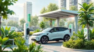 Photorealistic image of eco-friendly electric vehicle charging at public station surrounded by green plants and sustainable infrastructure, clean modern design