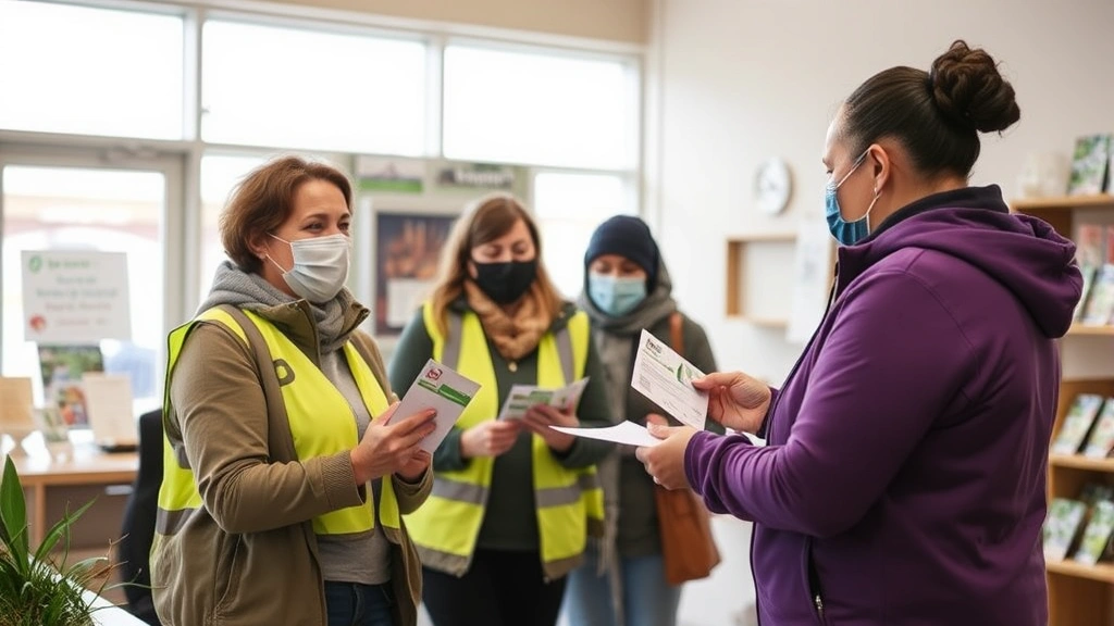Realistic photo of volunteer community members at nonprofit resource center distributing emergency assistance cards and fuel vouchers to help families in need