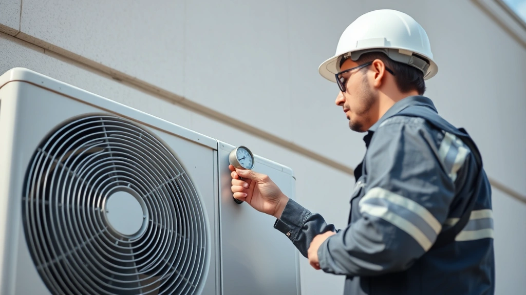 Photorealistic HVAC technician examining refrigerant pressure gauge on air conditioning unit mounted on building exterior, daylight, professional setting