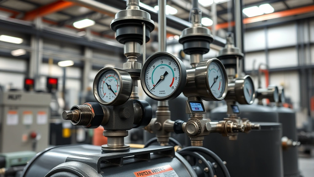 Photorealistic industrial compressed air system with multiple pressure gauges and valves in manufacturing facility, showing digital monitoring displays, natural facility lighting