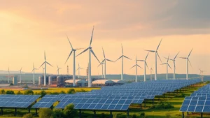 Photorealistic industrial facility with modern wind turbines and solar panels generating renewable electricity, green landscape with sustainable energy infrastructure, no text or labels