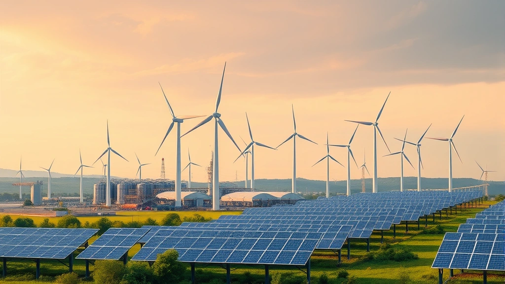 Photorealistic industrial facility with modern wind turbines and solar panels generating renewable electricity, green landscape with sustainable energy infrastructure, no text or labels