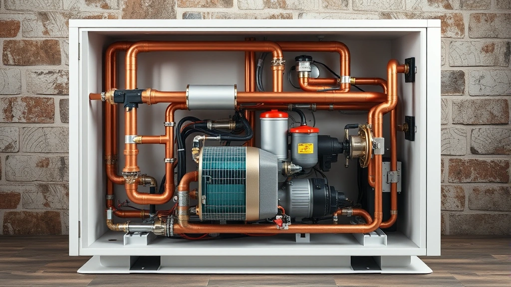 Photorealistic cross-section of advanced heat pump system with copper tubing and refrigerant circulation, technical precision showing sustainable heating technology, no visible text