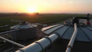 Anaerobic digester facility processing organic waste into biogas, industrial steel equipment with pipes, sunset lighting, agricultural landscape background, no text or labels visible