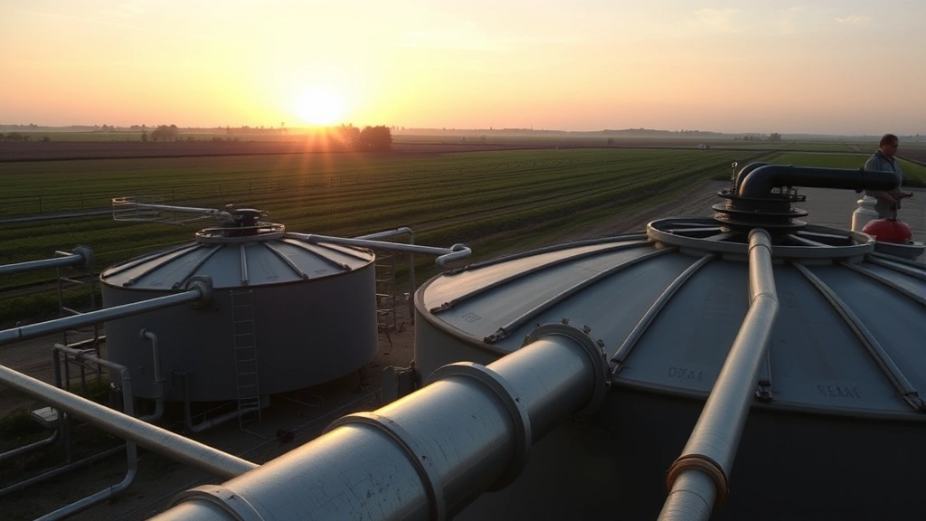Anaerobic digester facility processing organic waste into biogas, industrial steel equipment with pipes, sunset lighting, agricultural landscape background, no text or labels visible