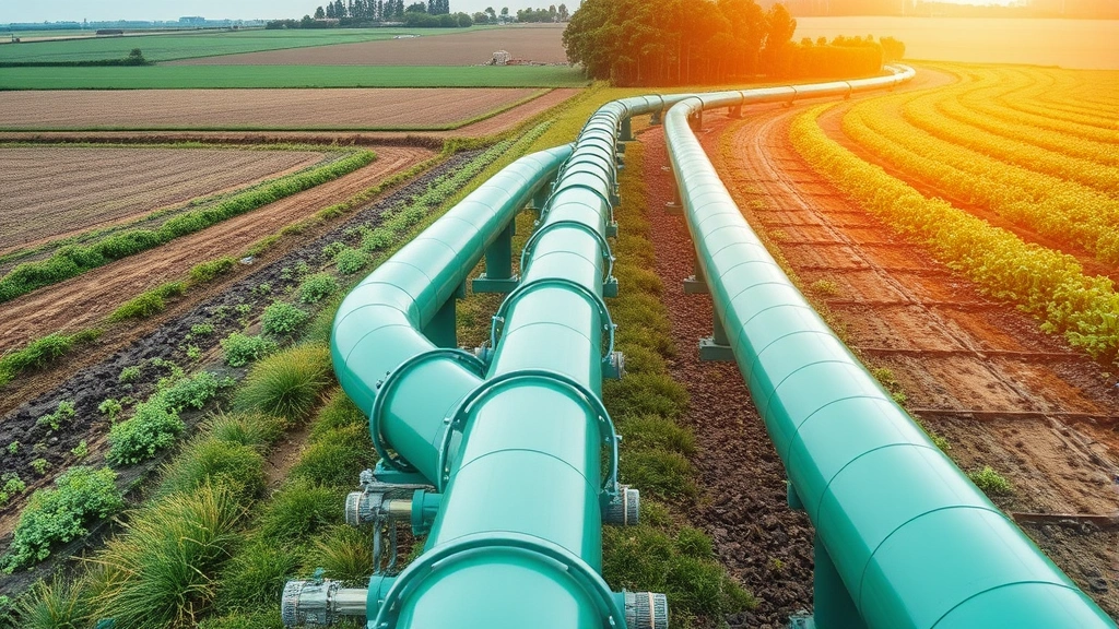 Green pipeline infrastructure running through rural farmland, modern gas distribution system, renewable energy transition concept, natural landscape with technology integration, professional industrial photography