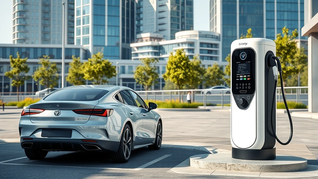Electric car charging station at modern urban location with sustainable architecture in background, natural lighting, photorealistic, no signage