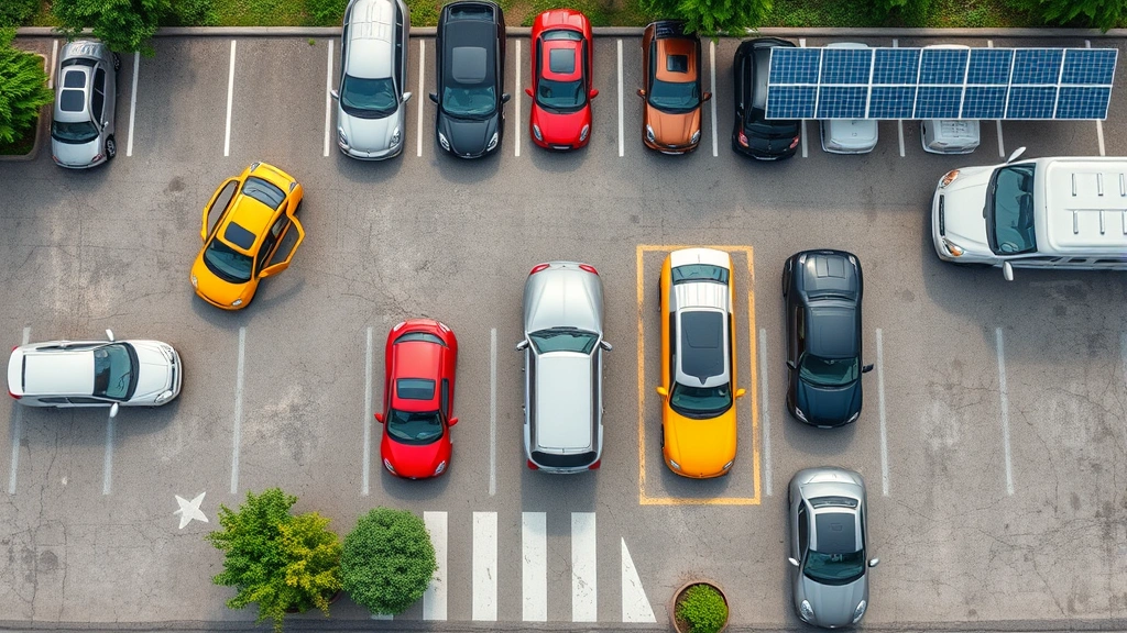 Overhead view of diverse vehicles in eco-friendly parking lot with green spaces and solar panels visible, daytime, photorealistic