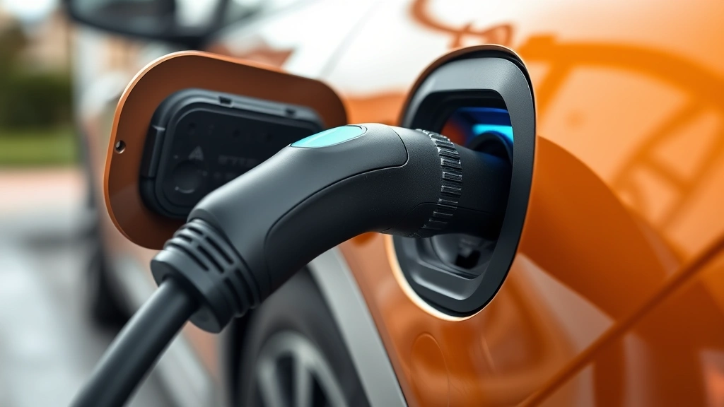 Close-up of EV charging cable connecting to electric vehicle, showing modern technology and clean energy transition, photorealistic detail