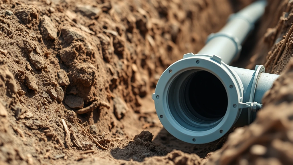 Close-up of modern polyethylene natural gas pipeline in trench showing installation techniques, surrounded by soil and earth, natural daylight