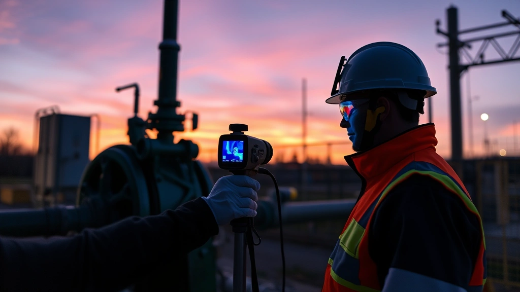 Technician using thermal imaging camera to inspect gas infrastructure at dusk, detecting temperature variations, professional equipment visible, outdoor utility setting