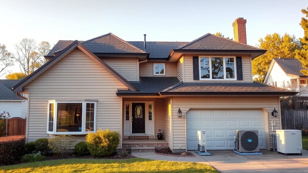 Residential home with weatherization improvements including insulation, efficient windows, and modern HVAC equipment visible, suburban landscape background, afternoon lighting