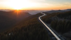 Aerial view of natural gas pipeline infrastructure running through mountainous terrain in the Pacific Northwest, surrounded by green forests and rolling hills during sunset