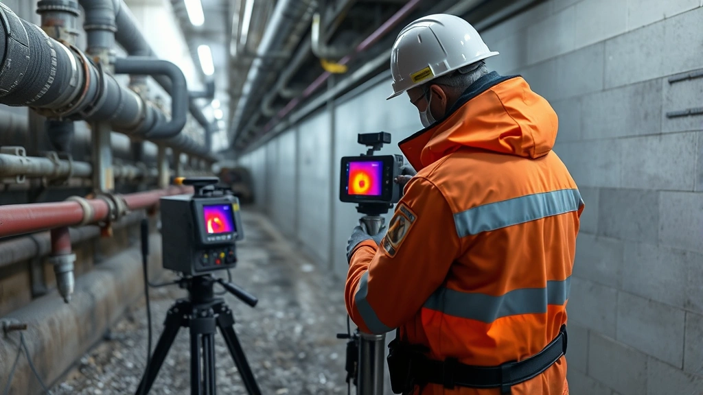 Industrial methane leak detection equipment and technician performing inspection on natural gas distribution infrastructure in urban underground setting with specialized thermal imaging camera