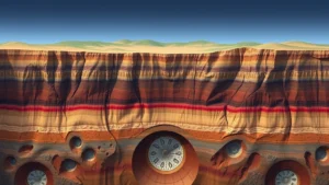 Vast underground geological rock formations showing layers of sedimentary deposits and natural gas pockets deep beneath Earth's surface in cross-section view, photorealistic geological illustration