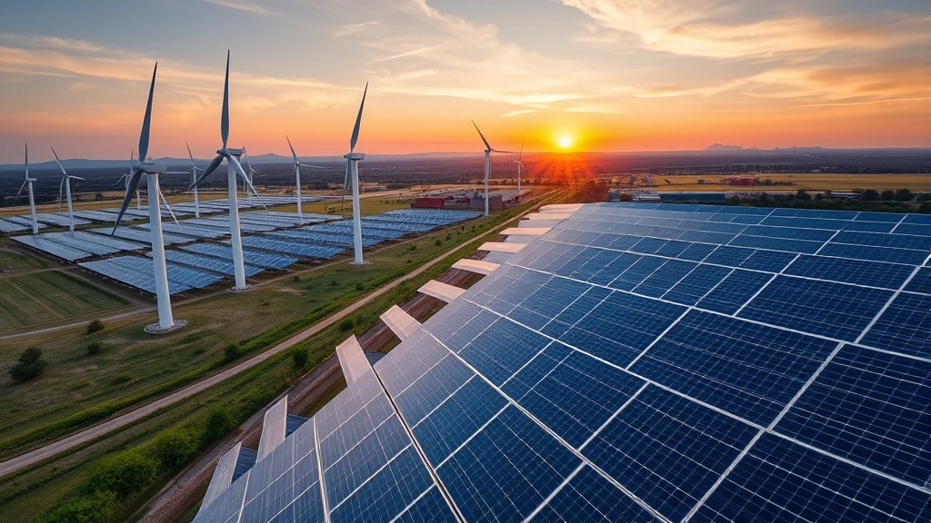 Modern wind turbines and solar panel arrays in expansive renewable energy farm landscape at sunset, clean sustainable power generation infrastructure replacing fossil fuel sources