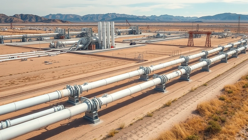 Industrial natural gas pipeline infrastructure with compression stations and processing facilities in desert landscape, showing fossil fuel extraction and distribution systems