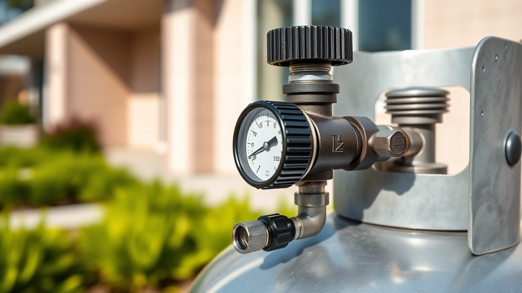 Close-up of a propane tank valve with gauge showing pressure levels, modern residential setting with green landscaping in background, natural lighting emphasizing the metal tank and measurement instruments