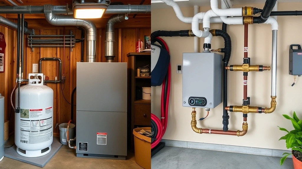 Split-screen comparison showing a residential furnace room on left with propane tank connection and natural gas line connection on right, both modern systems with safety valves and regulators visible, clean garage setting with sustainable home elements