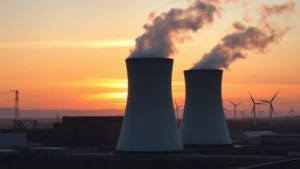 Industrial power plant with cooling towers against sunset sky, steam rising into atmosphere, renewable wind turbines visible in distant background, realistic photographic style, no text or signage