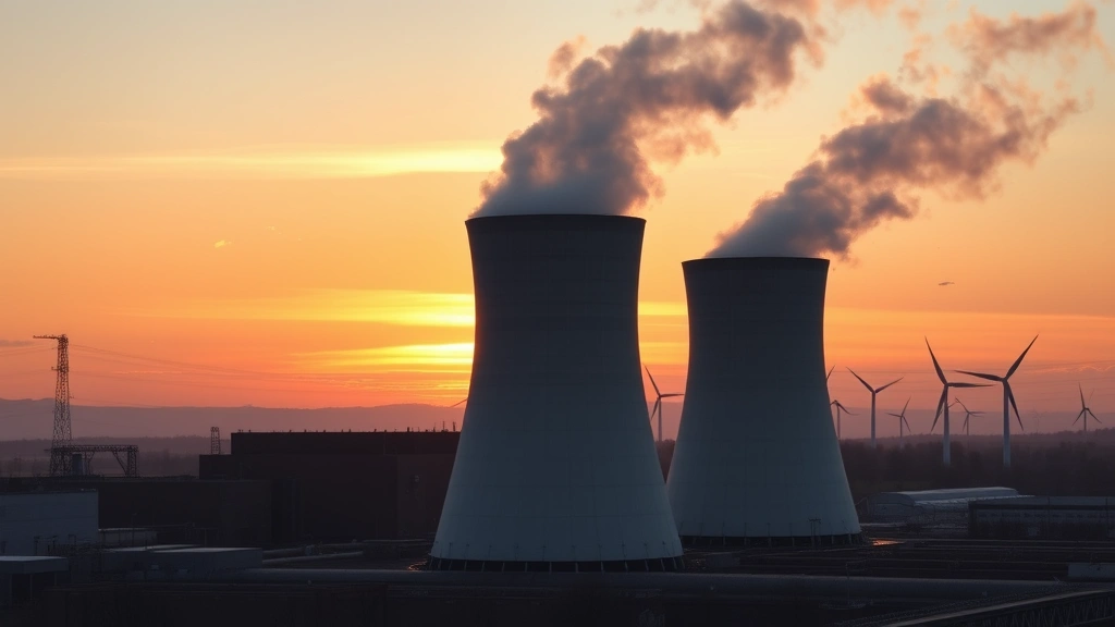 Industrial power plant with cooling towers against sunset sky, steam rising into atmosphere, renewable wind turbines visible in distant background, realistic photographic style, no text or signage