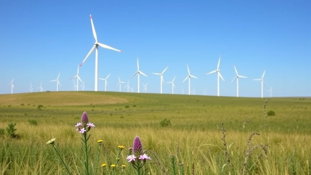Wind turbines in open field landscape with wildflowers in foreground, clear blue sky, natural terrain, environmental sustainability visualization, no signage or identifying text visible
